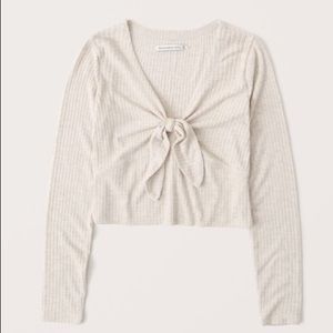 Abercrombie & Fitch Long Sleeve Ribbed Knot-Front Top - Cream - Size XS